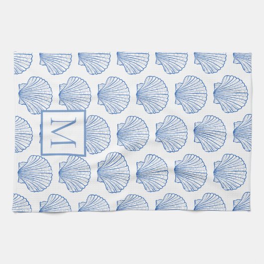 Kustblauw en witte schellop Seashell Monogram Theedoek (Horizontaal)