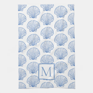 Kustblauw en witte schellop Seashell Monogram Theedoek