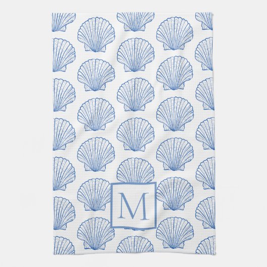 Kustblauw en witte schellop Seashell Monogram Theedoek (Verticaal)