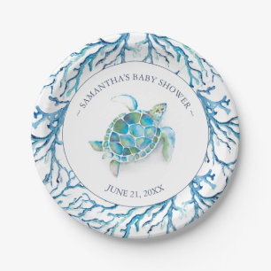 Kustblauw Waterverf Zee Turtle Boy Baby shower Papieren Bordje