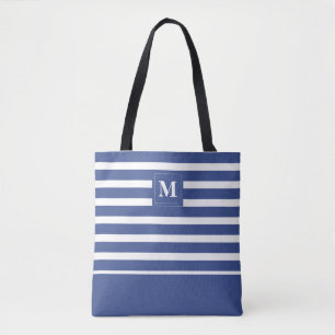 Kustblauw Witte Gestreepte Strand Monogram Draagtas