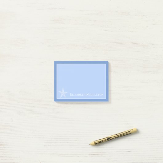 Kustblauwe en witte zeester gepersonaliseerd post-it® notes (Op bureau)