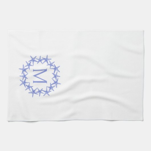 Kustblauwe en witte zeesterkrans Monogram Theedoek (Horizontaal)