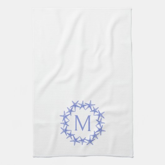 Kustblauwe en witte zeesterkrans Monogram Theedoek (Verticaal)