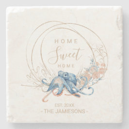 Kustblauwe waterverf Octopus, aangepaste naam Stenen Onderzetter