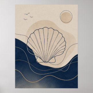 Kustboho zeeschelpen en diepe blauwe oceaangolven poster