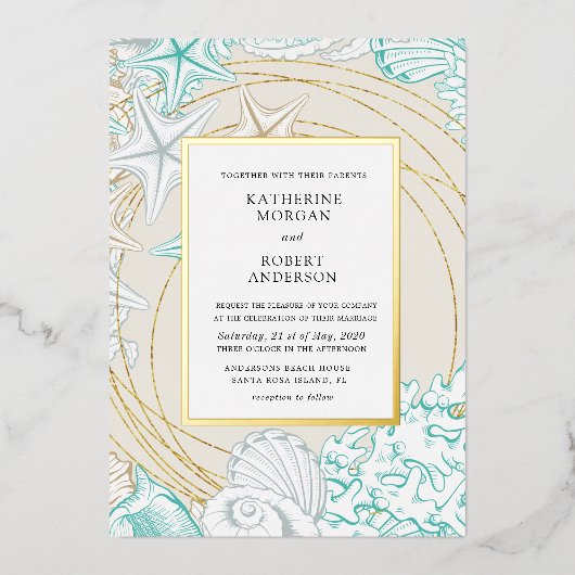 kustbruine bruiloft folie uitnodiging (Voorkant)