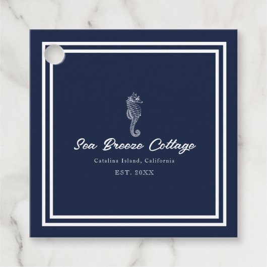 Kustcharme: Blauw en Wit Nautisch Zeepaardje Bedankjes Labels (Voorkant)