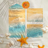 Kustchic gouden zand turquoise water bruiloft all in one uitnodiging