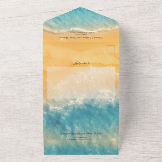 Kustchic gouden zand turquoise water bruiloft all in one uitnodiging (Buitenkant)