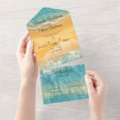 Kustchic gouden zand turquoise water bruiloft all in one uitnodiging (Afscheurbaar)