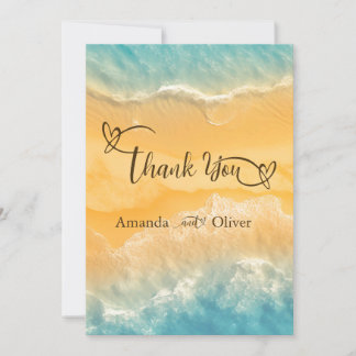 Kustchic gouden zand turquoise water bruiloft bedankkaart