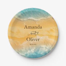 Kustchic gouden zand turquoise water bruiloft papieren bordje