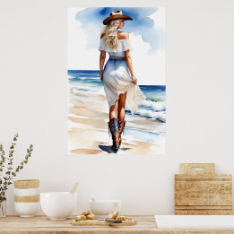 Kustcowgirl Wandelen op het strand Waterverf Poster