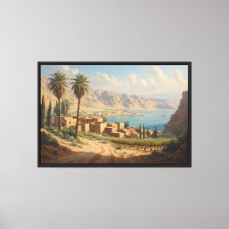 Kustdorp met palmbomen canvas afdruk