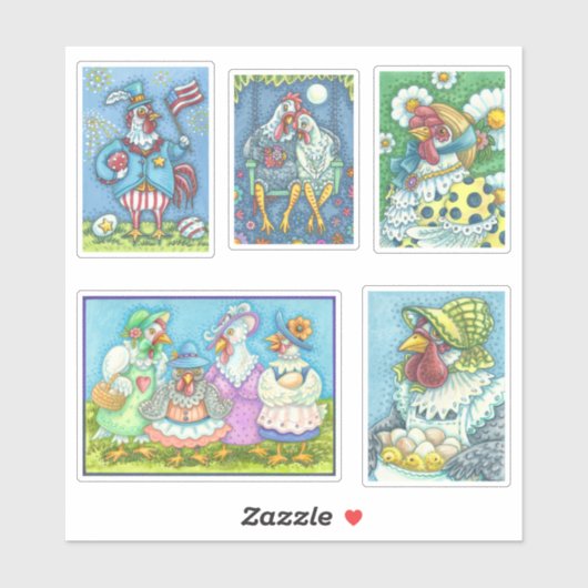 KUSTFOLK ART WHIMSICAL CHICKEN EN HEN STICKERS (Vel)