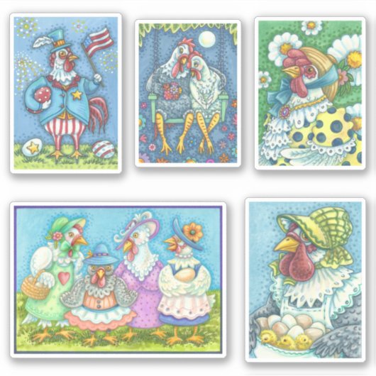 KUSTFOLK ART WHIMSICAL CHICKEN EN HEN STICKERS (Voorkant)