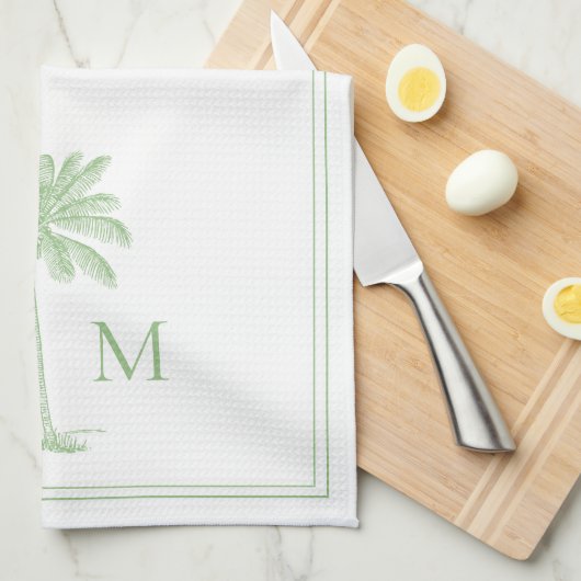 Kustgroen en wit palmetto palmmonogram theedoek (Quarter Fold)