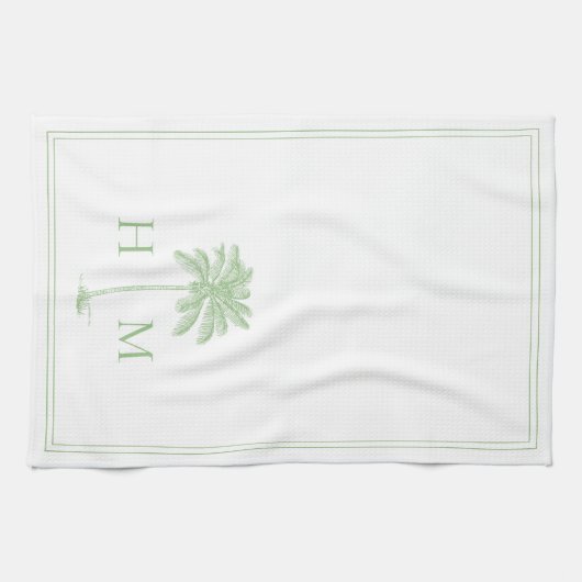 Kustgroen en wit palmetto palmmonogram theedoek (Horizontaal)