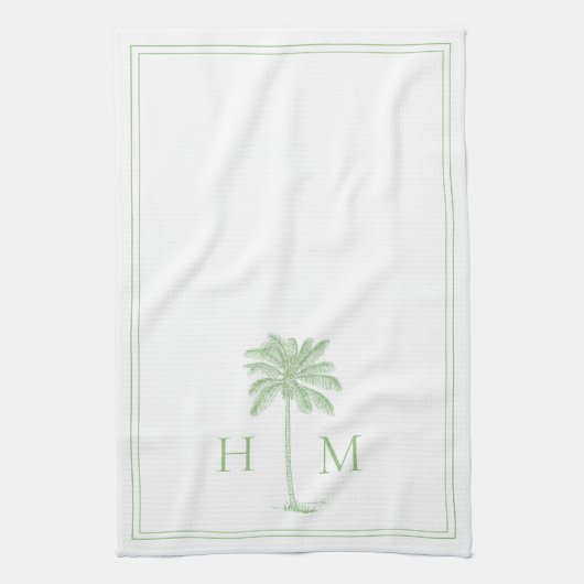 Kustgroen en wit palmetto palmmonogram theedoek (Verticaal)