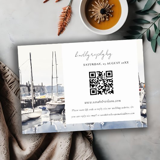 Kusthaven Boten Zeegezicht Bruiloft QR Code RSVP Informatiekaartje