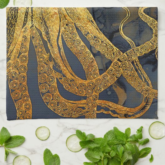 kustinktvis (Octopus Gold Black Blue) Waterverf Theedoek (Gevouwen)