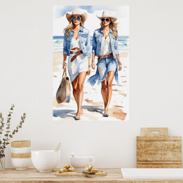 Kustkoeienmeisjes blauw & wit Waterverf Poster