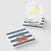Kustkrab Nautical Stripes Stenen Onderzetter (Zijkant)