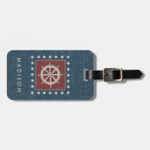 Kustkunst | Scheepswiel op rood Bagagelabel (Voorkant horizontaal)