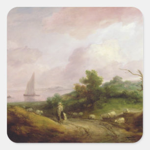 Kustlandschap met een Shepherd en zijn kudde, c Vierkante Sticker