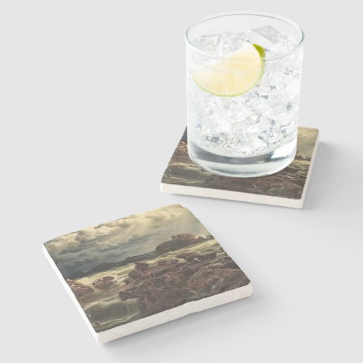 Kustlandschap met schepen aan de horizon stenen onderzetter (Zijkant)