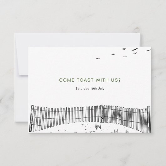 Kustliefde zandstrand minimale lijn kunst bruiloft RSVP kaartje (Voorkant)