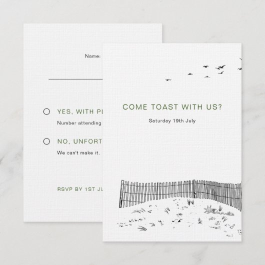 Kustliefde zandstrand minimale lijn kunst bruiloft RSVP kaartje (Voorkant / Achterkant)