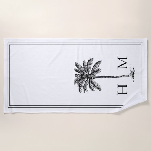 Kustpalm zwart-wit monogram strandlaken (Voorkant)