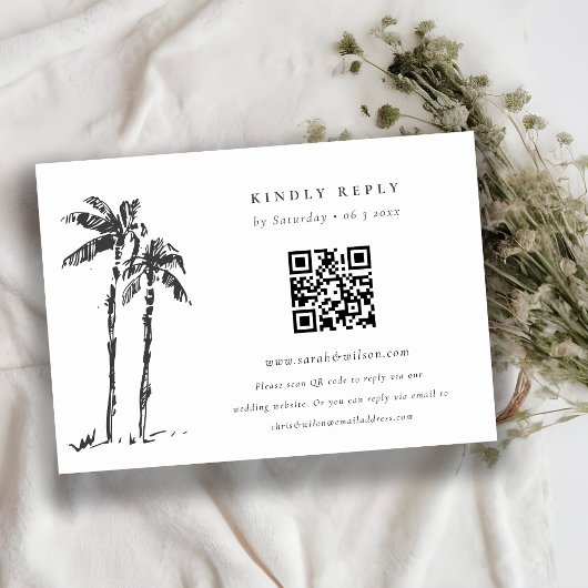 Kustpalmboom schets bruiloft QR-code RSVP Informatiekaartje
