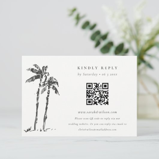 Kustpalmboom schets bruiloft QR-code RSVP Informatiekaartje (Staand voorkant)