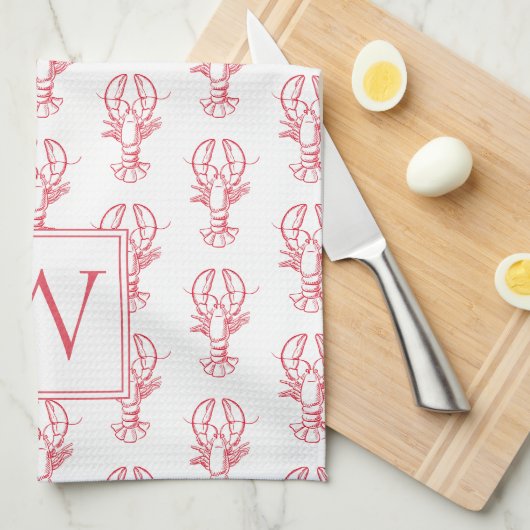 Kustpreppy rode en witte kreeften Monogram Theedoek (Quarter Fold)