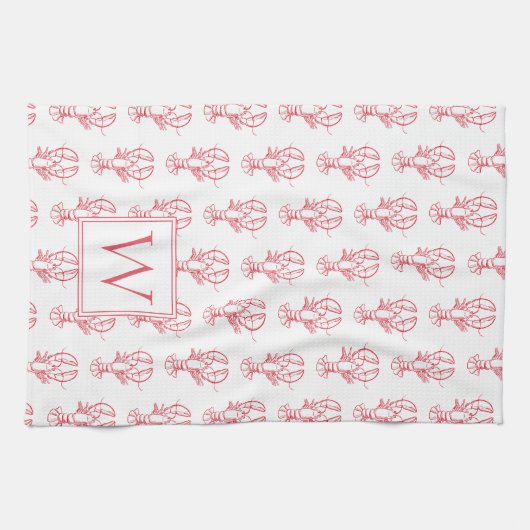 Kustpreppy rode en witte kreeften Monogram Theedoek (Horizontaal)