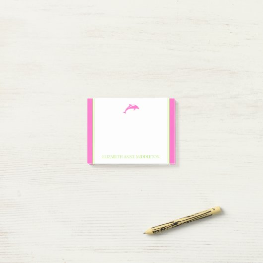 Kustpreppy roze en groene dolfijn gepersonaliseerd post-it® notes (Op bureau)