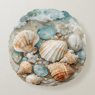 Kustschelpen Aquarel Drijfhout Scene Rond Kussen