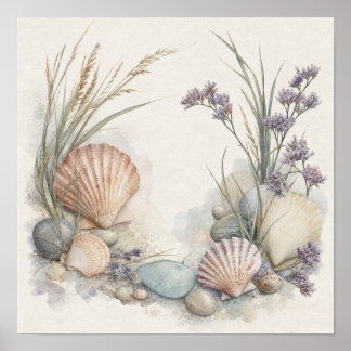 Kustschelpen en Zee Lavendel Vierkant Wand Kunst P Poster