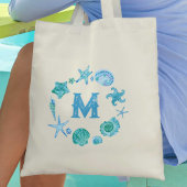 Kustschelpen en zeesterren monogrammed tote bag