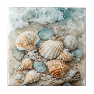 Kustschelpen Watercolor Drijfhout Scene Tegeltje