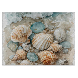 Kustschelpen Watercolorscène met Drijfhout Snijplank