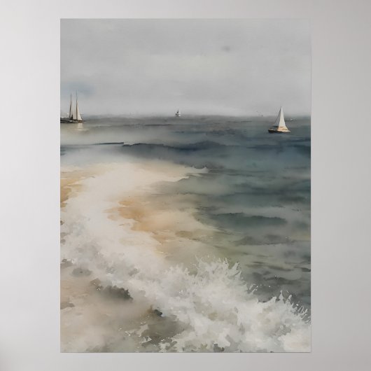 Kustschilderij waterverf met zeilboten - poster (Voorkant)