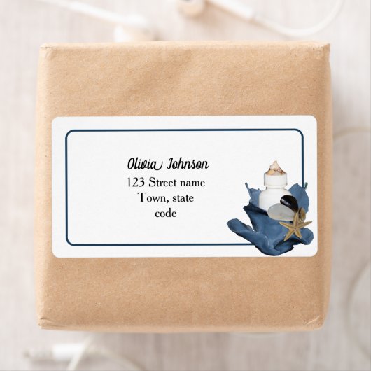 Kustseashell strandblauwe iris elegant modern etiket (Insitu)