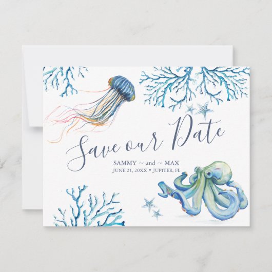 Kustsparen de Datum met het Zee van de Waterverf Save The Date (Voorkant)
