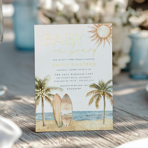 Kuststrand "Baby aan boord" Surfer Baby Shower Folie Uitnodiging