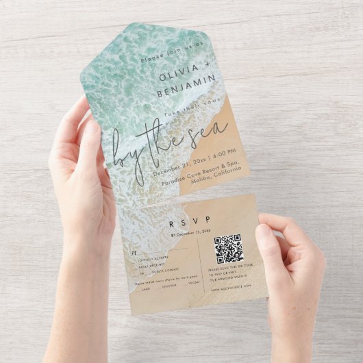Kuststrand Bestemming QR Code RSVP Bruiloft All In One Uitnodiging (Afscheurbaar)