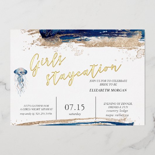 Kuststrand Blauw en Gouden Bruidsfeest Folie Uitnodiging (Voorkant)